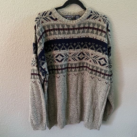 Vintage Trader Bay Sweater Mens XLT Tall Brown Grandpa Aztec Fair Isle Chunky - Picture 1 of 6
